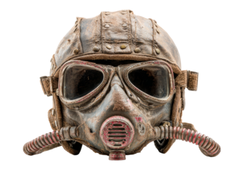 Vintage Leather Flight Helmet with Oxygen Mask Isolated on White Background