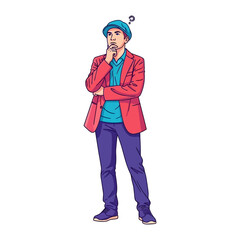 Thoughtful Consideration: A stylish man pondering a question, captured in a vibrant illustration. Question mark floating above him, a symbol of curiosity and contemplation. 