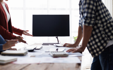 Analyze financial data and accounting record with calculator in meeting office, Accounting company charts and graphs banner, double exposure successful business finance and taxation planning concept.