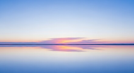 Fototapeta premium Calm water surface reflecting sky at dawn with soft light and horizon view