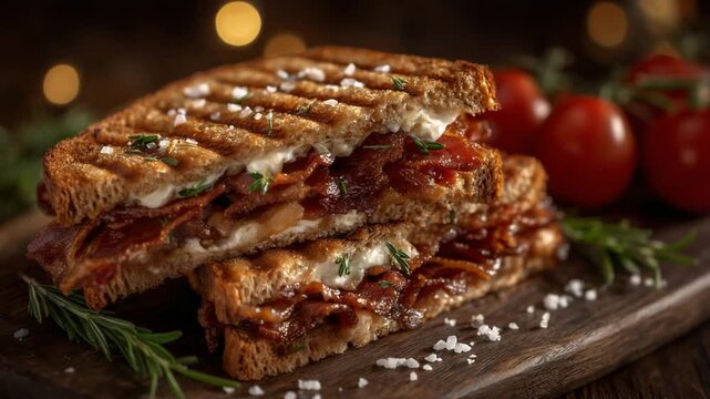 A deliciously layered BLT sandwich with golden, crunchy toasted bread, artfully presented on a wooden platter with salt flakes and fresh herbs.