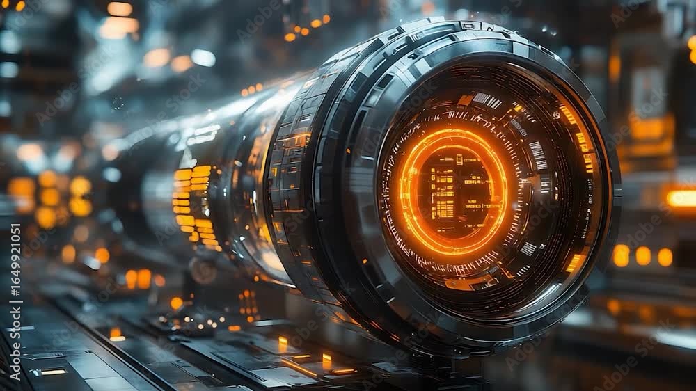 Poster futuristic tech: glowing circuitry and cybernetic device animation