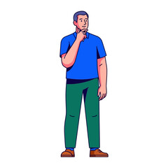 Man in contemplation: A digital illustration of a man thoughtfully touching his chin, set against a clean backdrop, capturing a moment of introspection.