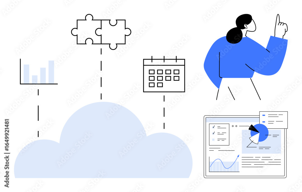 Poster cloud connected to puzzle pieces, calendar, data charts, and dashboard highlights teamwork, data pro