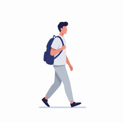 Vector illustration of a young man walking with a backpack, representing travel, education, or daily life commute.