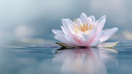 Serene water lily blossom floats gently on calm, blue water, its reflection mirrored perfectly.