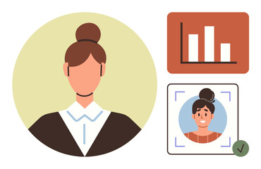 Woman in formal attire, analytics chart, ID verification photo with check mark. Ideal for personal branding, HR, recruitment, security, data analytics productivity business strategy. Simple flat
