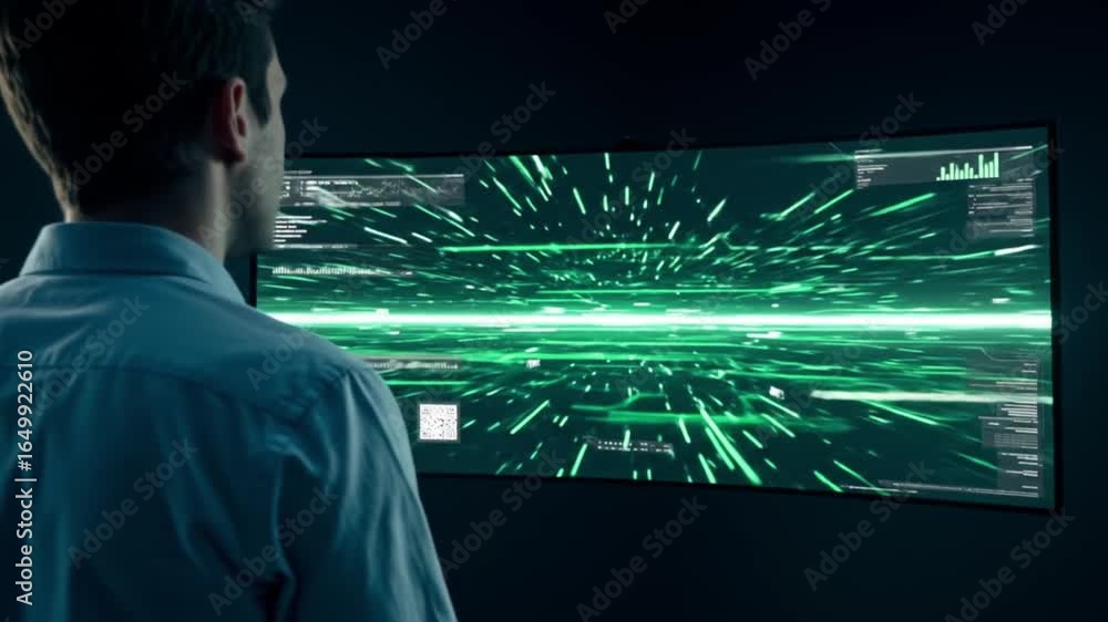 Poster man in blue shirt views green digital interface on curved screen in dark room with data visualizatio
