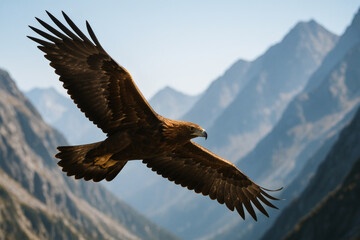 Obraz premium A golden eagle soars over a mountainous landscape with a clear blue sky as the backdrop view