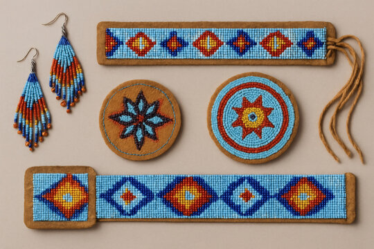Arrangement of beaded earrings, belts, and medallions with native american inspired designs on neutral surface
