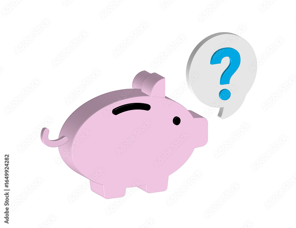 Poster simple 3d illustration of a piggy bank icon with a question mark. transparent background in png form