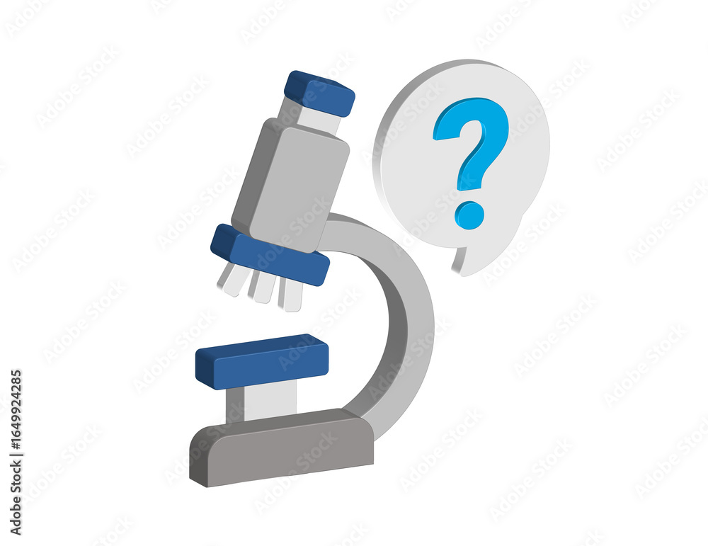 Poster simple 3d illustration of a microscope icon with a question mark. transparent background in png form