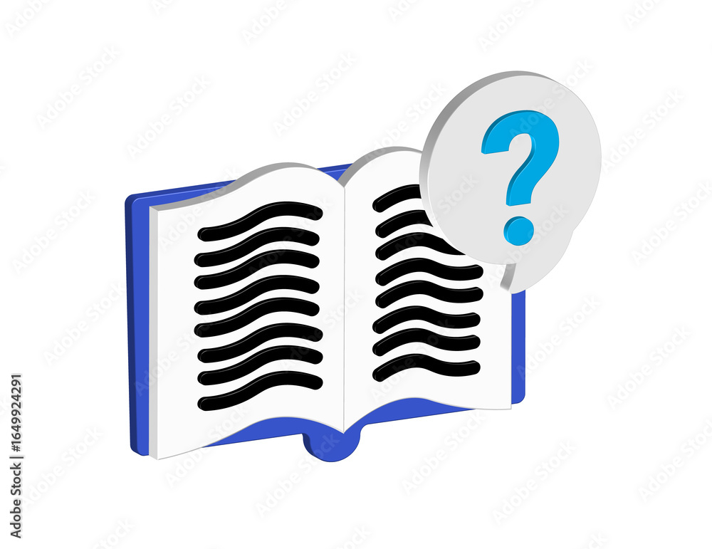 Poster simple 3d illustration of an open book icon with a question mark. transparent background in png form
