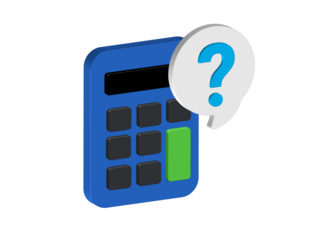 Simple 3D illustration of a calculator icon with a question mark. Transparent background, PNG format.