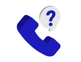 Simple 3D illustration of an analog phone icon with a question mark. Transparent background in PNG format.
