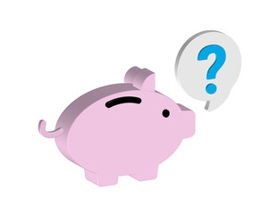 Simple 3D illustration of a piggy bank icon with a question mark. Transparent background in PNG format.