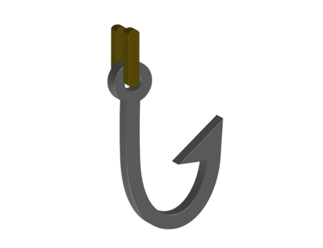 Simple 3D illustration of a fish hook icon. Transparent background, PNG format.