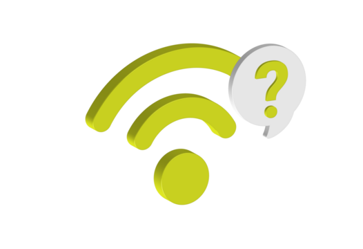 Simple 3D illustration of a Wi-Fi signal icon with a question mark. Transparent background in PNG format.