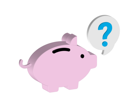Simple 3D illustration of a piggy bank icon with a question mark. Transparent background in PNG format.