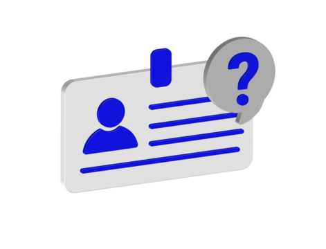 Simple 3D illustration of an ID icon with a question mark. Transparent background in PNG format.