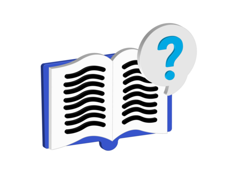 Simple 3D illustration of an open book icon with a question mark. Transparent background in PNG format.