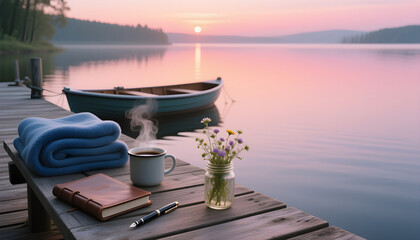 Cozy morning by the lake with coffee, blanket, and flowers  