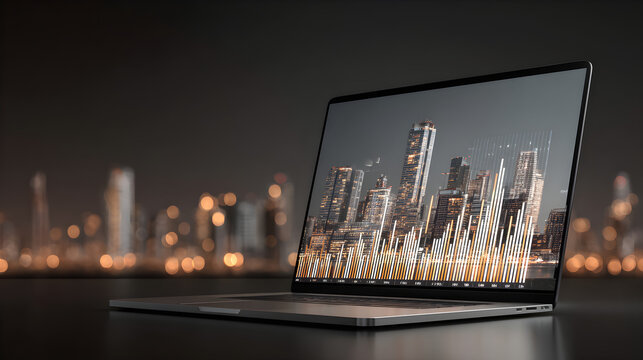 Laptop displaying financial data with city skyline