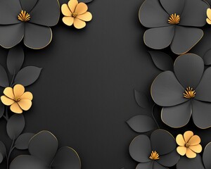 Elegant floral arrangement with dark grey paper-cut flowers accented by gold details and leaves, framed against a textured black background