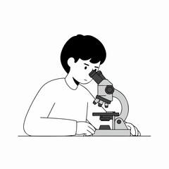 Curious student uses a microscope to observe specimens, representing education, science, and discovery.