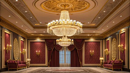 Obraz premium Luxurious ornate ballroom interior with grand chandelier, elegant gold accents, red velvet curtains, and classic royal design for upscale event and celebration
