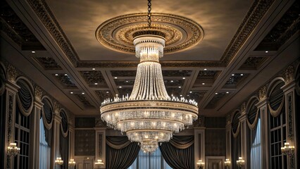 Elegant crystal chandelier hanging from ornate ceiling in grand classical ballroom with luxurious interior design and vintage architectural details