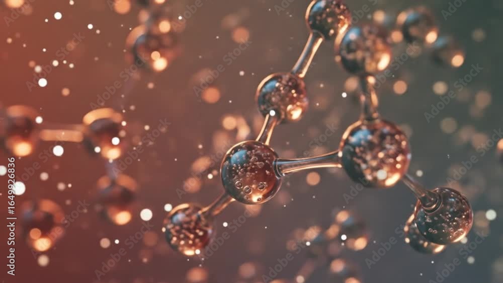 Poster close up view of a molecular structure with spheres connected by rods on a blurred background