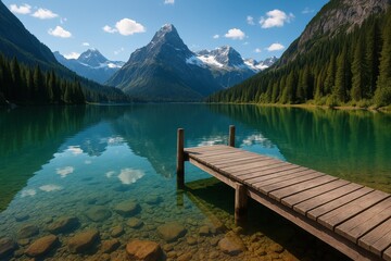 Obraz premium Pristine Alpine Lake Surrounded by Majestic Mountain Peaks and Wooden Fishing Pier