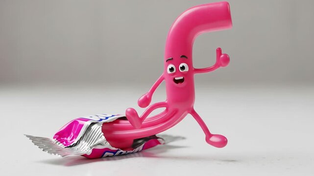 Cartoon-Crafted Pink Straw Character Giving Thumbs Up with Candy Wrapper for Children&rsquo;s Marketing, Playful Designs, Animated Content, and Creative Advertising  