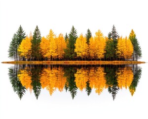 Autumnal trees reflecting in still water, featuring yellow and green foliage. Trees stand out against a bright white background