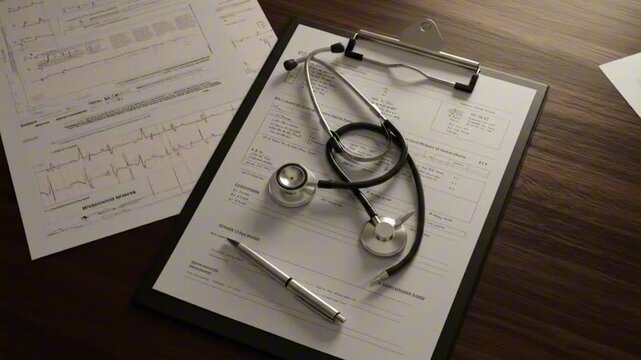 A clipboard with medical forms a stethoscope and a pen rest on a wooden surface Additional medical documents are scattered beside the clipboard