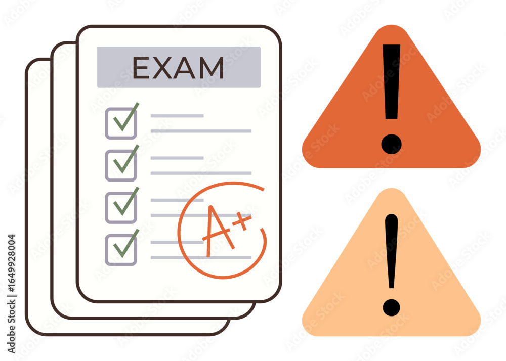 Poster exam paper stack with checklist, a grade, and warning exclamation marks in triangles. ideal for educ
