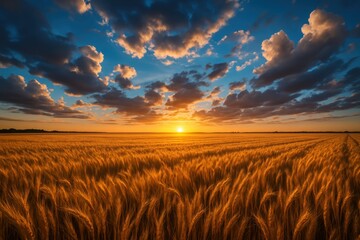 Obraz premium Golden wheat field at sunset with dramatic blue sky and billowing white clouds