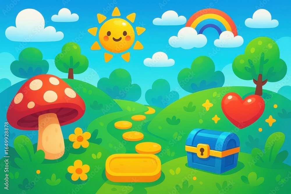 Poster colorful game interface background with playful cartoon design and child-friendly graphics