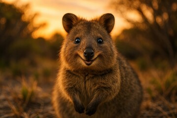 Fototapeta premium Adorable quokka smiling directly at camera during Australian golden hour sunset