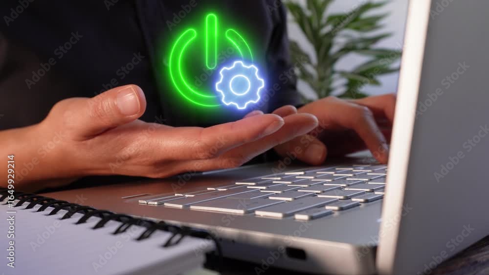 Aufkleber activating and configuring systems. a person working on a laptop, holding a power icon with a gear.