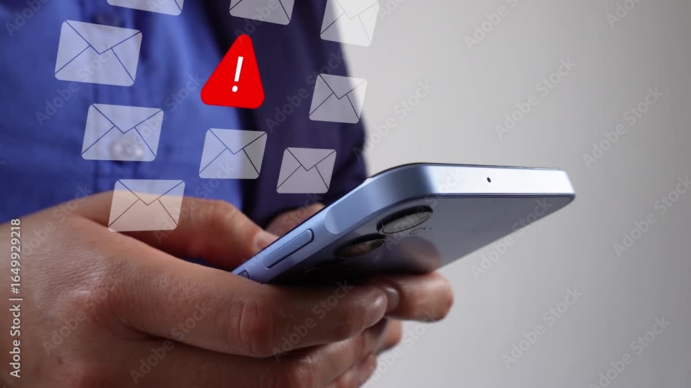 Poster message fraud prevention. close-up of a mobile phone with a businesswoman holding an animation of se