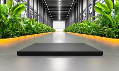 Modern corridor with lush greenery lining a pathway leading to a bright exit. A dark platform is centered in the foreground, enhancing the contrast of light and shadow