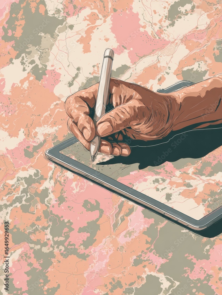 Poster hand drawing on a digital tablet with a stylus on a colorful abstract background featuring soft eart