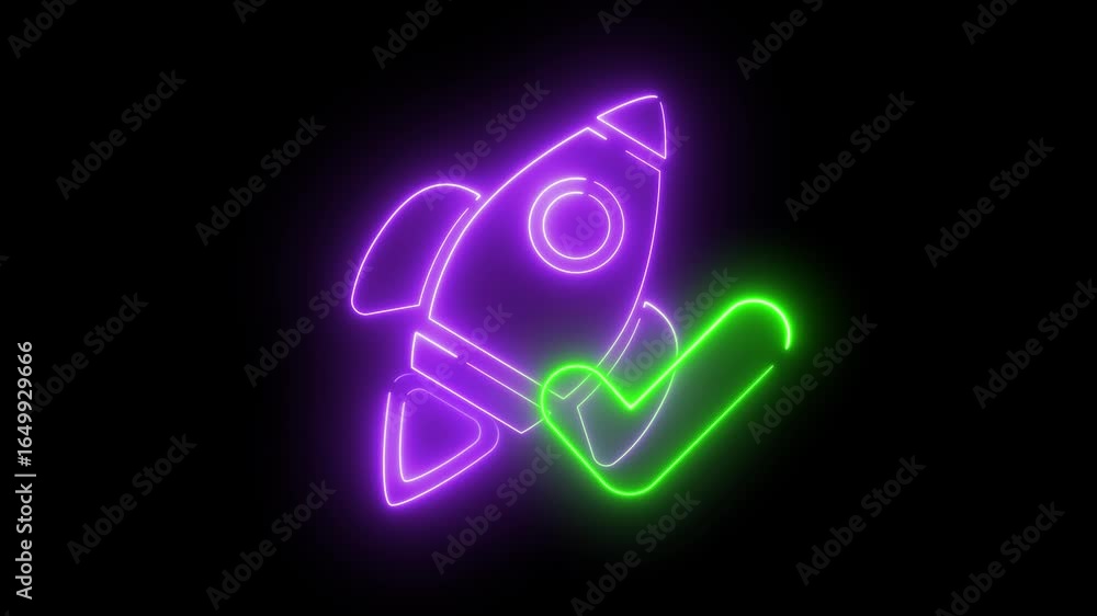 Aufkleber neon light effect animation of a rocket icon and a check mark on a black background