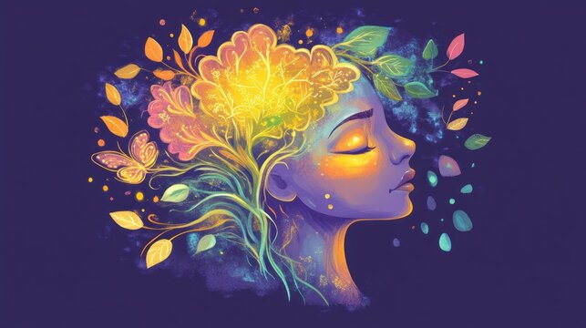 Mystical Woman with Floral Brain, a Vibrant Illustration of Inner Growth and Serenity