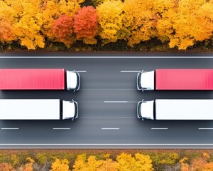 Aerial view of a highway with four semi-trucks driving in opposite directions, flanked by colorful autumn trees. Road surface is gray. The trucks are red and white