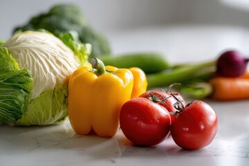 Fresh vegetables including cauliflower, broccoli, bell pepper, tomatoes, carrots and celery arranged on a light surface.