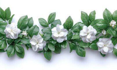 Floral arrangement featuring white blossoms with round petals and vibrant green leaves, set against a clean white background