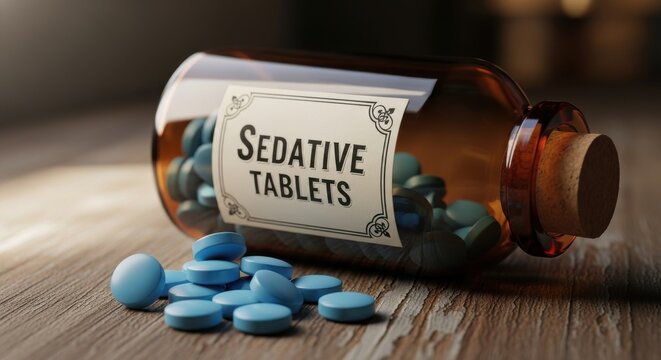 Close-up view of sedative tablets in a bottle with a vintage label